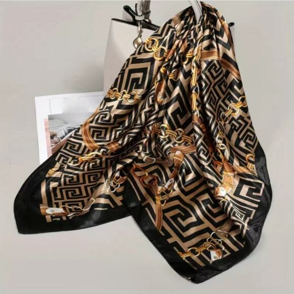 Scarf Silk Black and Gold Satin Print 35 x 35 inches - Picture 13 of 13